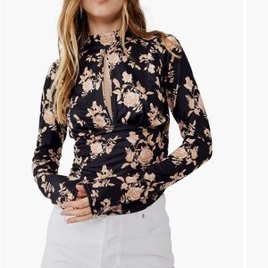 Free People Black and Cream Floral Sweater
